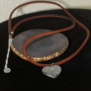 Brown Leather Cord Pendant Necklace Silver Heart Locket Modern Retro Glam 1970s